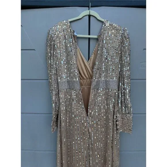 NEW Mac Duggal Vanilla Silver Wrap Bodice Long Bishop Sleeve Gown Size 10 $598